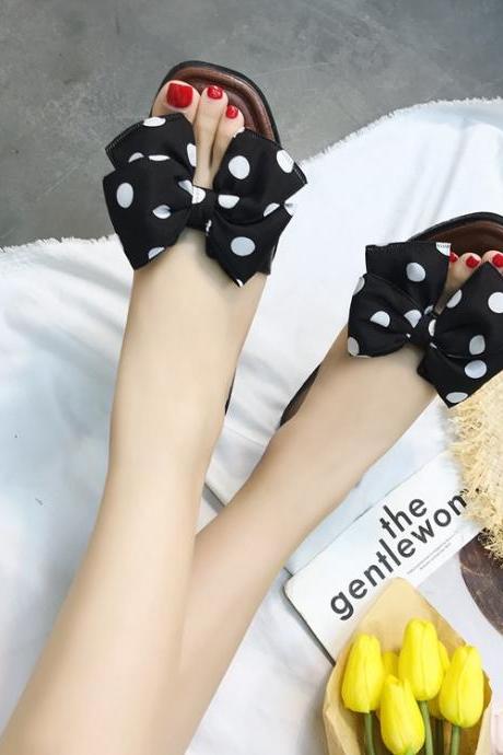 Women Dot Bowknot Design Fashion Rome Style Flat Slippers