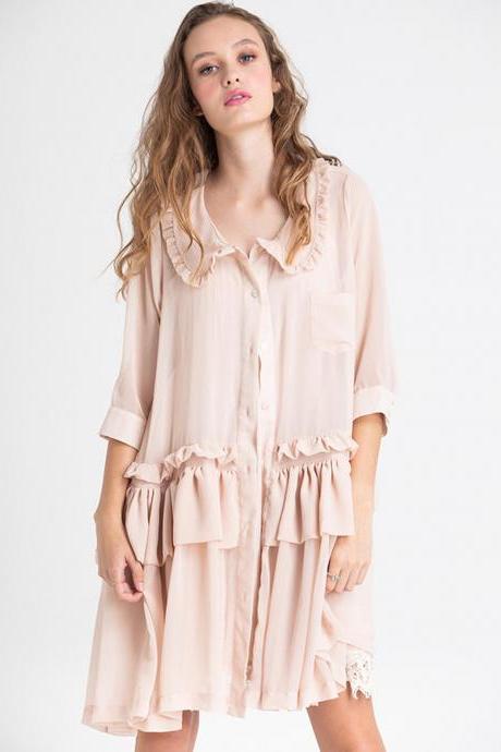 Women's Chiffon Coat, Blush Coat, Chiffon, Pink Chiffon Coat, See Through Coat, Costume Coat, Pink Chiffon, Knee Length Coat, Ruffle